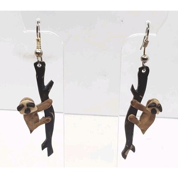 Sloth Earrings Handmade Wooden Hanging From Branch Long Dangle Cute - Picture 1 of 7
